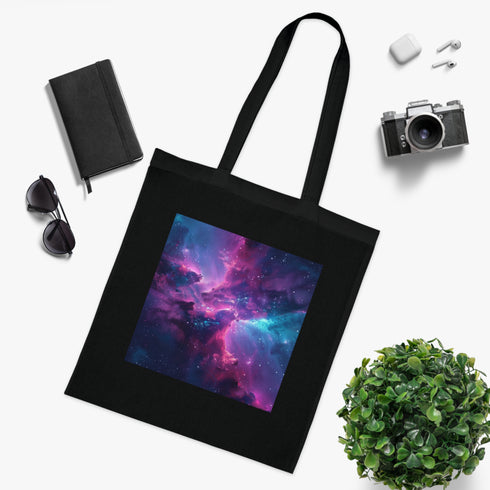 Cosmic black cotton tote with swirling nebulae and sparkling stars design.