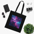Cosmic black cotton tote with swirling nebulae and sparkling stars design.