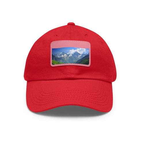 Stylish white baseball cap with light brown patch inspired by French Alps.