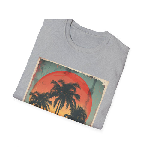 Palm Paradise Sunset Escape T-Shirt in Charcoal, Size S, Cotton.