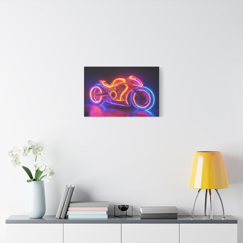 Retro Motorcycle with Neon Trail Stretched Canvas Wall Art