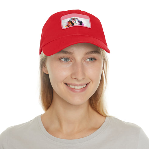 White cotton basset hound baseball cap with rectangle patch.
