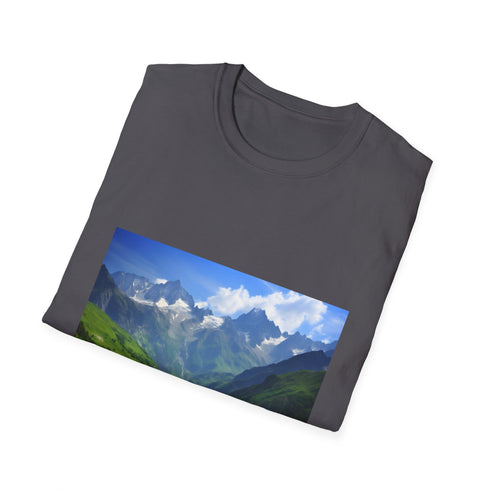 Charcoal crew neck cotton T-shirt featuring scenic alpine peaks design