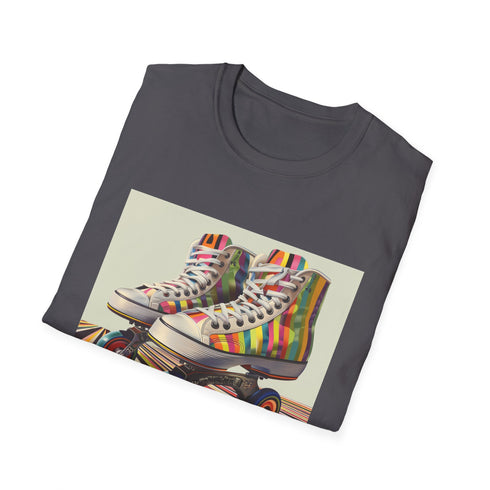 Retro roller skate striped t-shirt in charcoal, ideal for skating adventures.