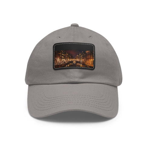 White cotton unisex hat with Amsterdam Canals night scene embroidery.