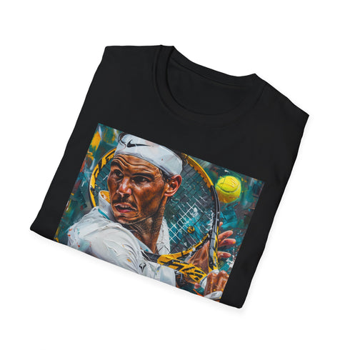 Charcoal cotton T-shirt with a vibrant Nadal tennis paint graphic