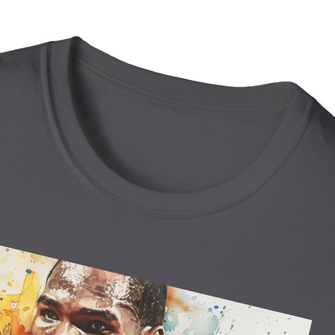 Watercolor charcoal t-shirt with Kevin Durant portrait in vibrant brushstrokes