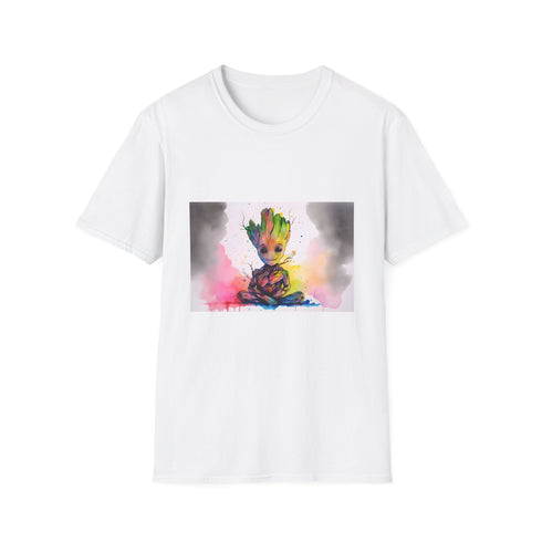 Watercolor galaxy T-shirt featuring Baby Groot design with vivid neon colors
