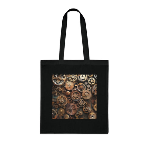 Stylish black cotton tote bag with intricate gear design for all seasons.