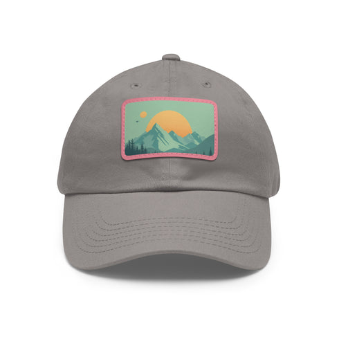 Minimalist white baseball cap with light brown mountain landscape patch.