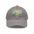 Minimalist white baseball cap with light brown mountain landscape patch.