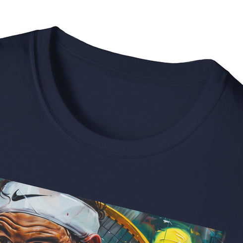 Charcoal cotton T-shirt featuring vibrant Nadal tennis painting for summer courage