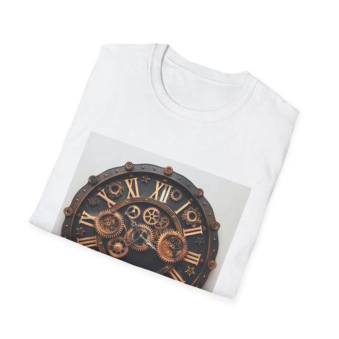 Intricate charcoal steampunk gears on cotton crew neck t-shirt for summer