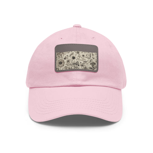 White cotton botanical pattern unisex baseball cap with light brown rectangle patch.