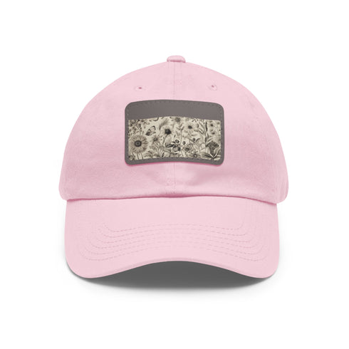 Botanical design white cotton cap with light brown rectangle patch.