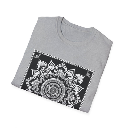 Serene Mandala Charcoal T-Shirt with intricate mandala design.