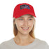White trucker hat with light brown mushroom patch, vegan cotton.