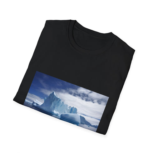 Charcoal cotton T-shirt with Antarctic iceberg graphic evokes pristine natural beauty