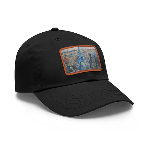 White canvas baseball cap with Chrysler Building watercolor design.