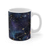 Starry night sky pattern 11oz ceramic coffee mug for stargazers.