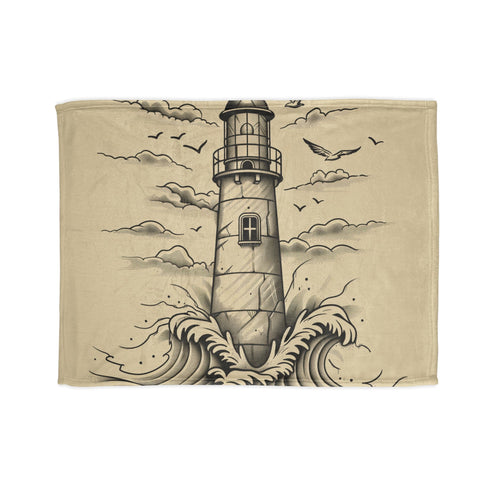 Coastal Serenity Blanket with Hand-Drawn Lighthouse and Crashing Waves Print