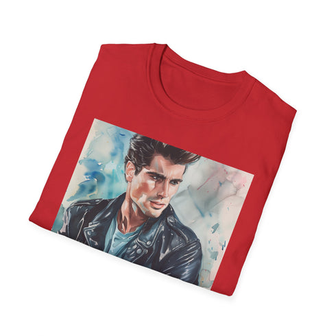Charcoal crew neck t-shirt featuring watercolor portrait of Danny from Grease