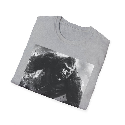 Charcoal cotton T-shirt featuring vibrant King Kong urban jungle graphic