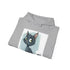 Cartoon cat navy hoodie for men and women, playful and adventurous design