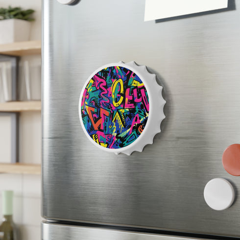 Neon graffiti bottle opener, white with vibrant urban pattern.