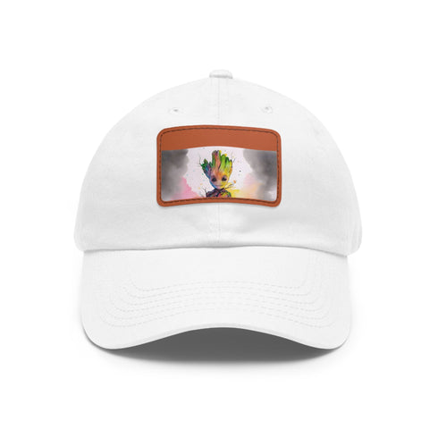 Neon watercolor Baby Groot baseball cap with light brown rectangle patch.