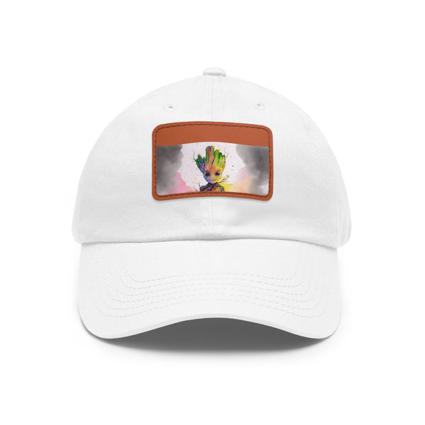 Neon watercolor Baby Groot baseball cap with light brown rectangle patch.
