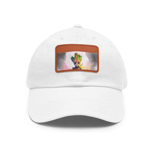 Neon watercolor Baby Groot baseball cap with light brown rectangle patch.