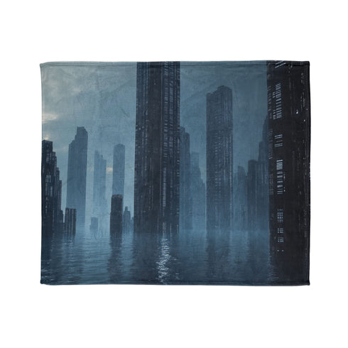 Data Towers Rising from Dark Sea Plush Fleece Throw Blanket