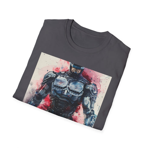 Charcoal crew neck RoboCop T-shirt with cyborg design cotton fabric