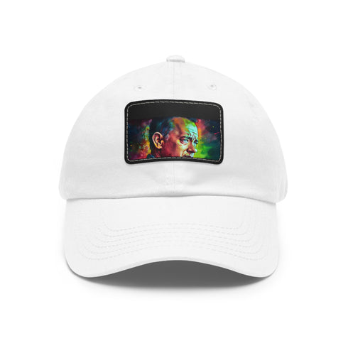 Neon watercolor splatter baseball cap with light brown rectangle patch.