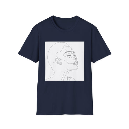 Minimalist charcoal face art T-shirt, soft cotton, elegant line design, regular fit.