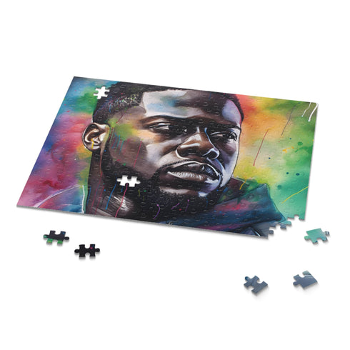 Kevin Hart Watercolor Puzzle featuring vibrant neon colors perfect for fans.