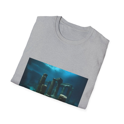 Charcoal cotton t-shirt featuring ancient ruins design evokes mystery and exploration