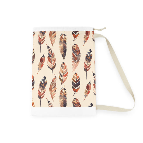Boho feathers laundry bag with whimsical seamless print for laundry.
