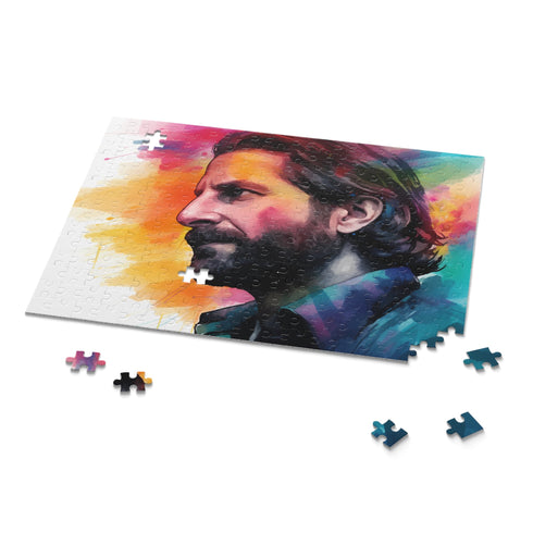 Vibrant neon Bradley Cooper watercolor jigsaw puzzle with stunning hues.