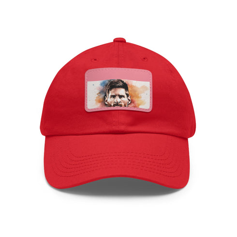 White cotton baseball hat with Messi logo for soccer fans.