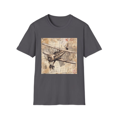 Charcoal cotton t-shirt with vintage airplane and travel stamp design