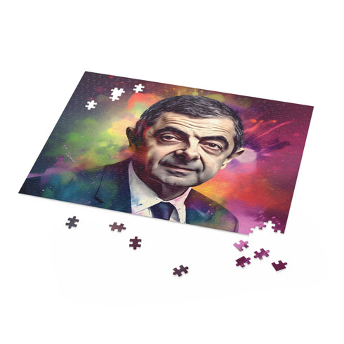 Vibrant Rowan Atkinson watercolor puzzle with neon colors, 120 pieces.