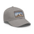 White baseball cap with rectangle light brown patch for history enthusiasts.