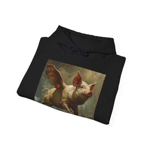 Whimsical navy hoodie with pigs flying in the sky illustration.