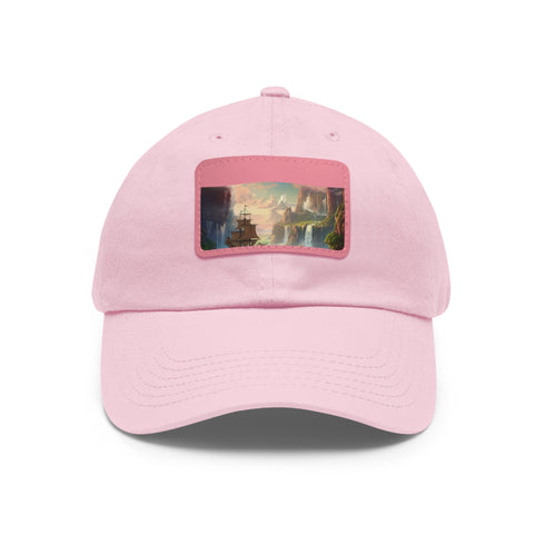 Whimsical white baseball cap with light brown patch and fairy tale design.