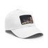 White cotton baseball cap with light brown rectangular patch.