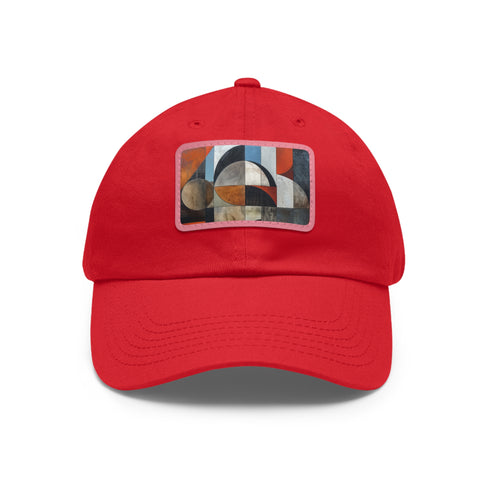 Geometric baseball cap with white/light brown patch and abstract shapes.