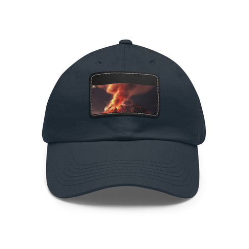 Fiery volcano graphic white cap with light brown patch.