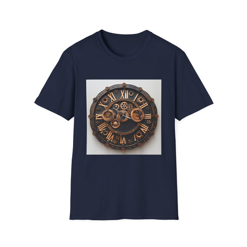 Charcoal steampunk t-shirt with intricate gear design and crew neck
